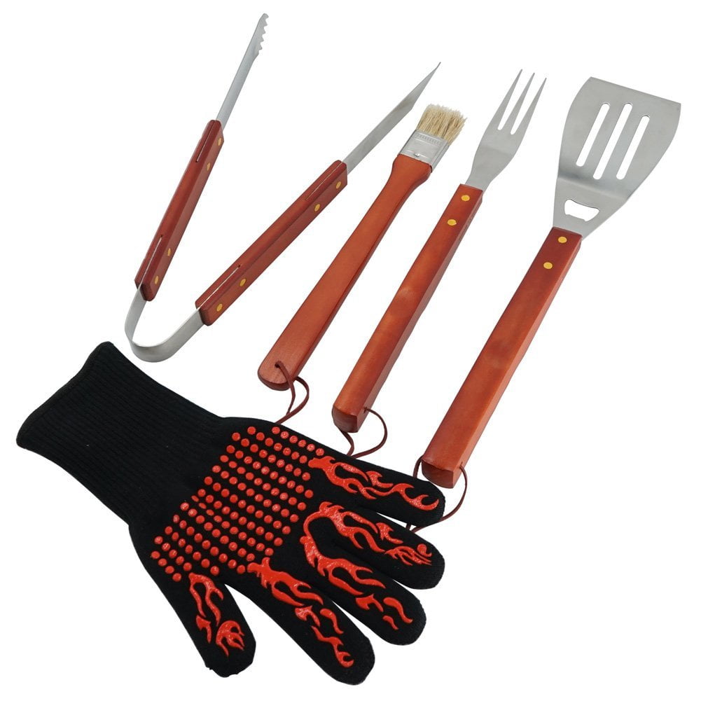 ChasBete BBQ Grilling Tools Set 5-Piece Stainless Steel Tools with Wood Handles and Grill Glove Barbecue Grilling Utensils Set Spatula,Tongs,Fork,Basting Brush and Glove