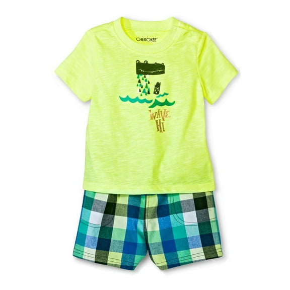 Cherokee Infant Boys 2-Piece Yellow Alligator T-Shirt & Plaid Short Set 3-6m