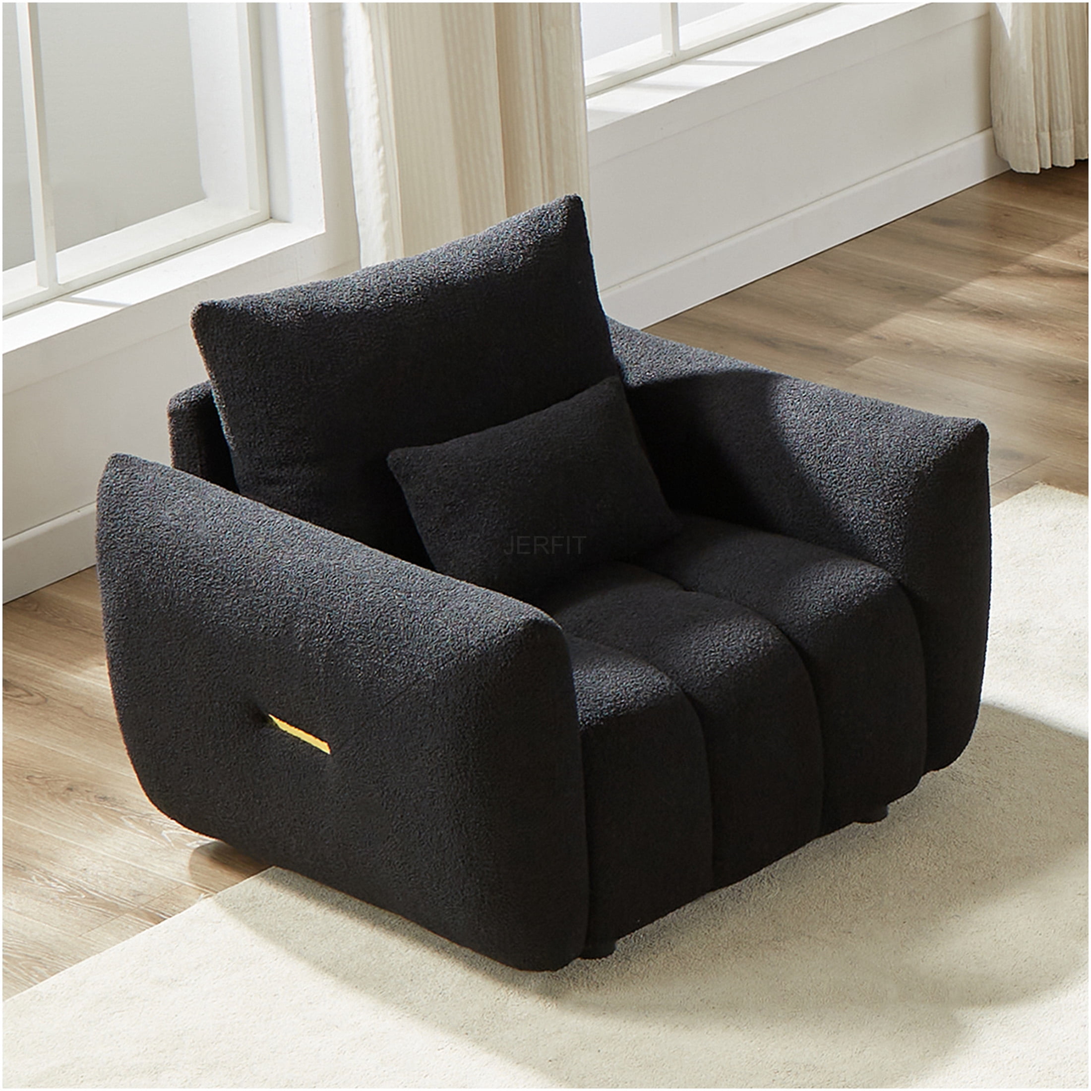 JERFIT Modern Teddy Fabric Lounge Chair, Plush Single Sofa for Living Room, Bedroom & Office, Comfortable Armchair with Solid Wood Frame, Black