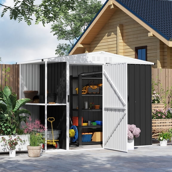 Outsunny 8 x 4ft Garden Storage Shed, Outdoor Metal Tool Shed with 2-Tier Storage Rack, Vents and Lock for Backyard, Patio, Lawn, Dark Gray