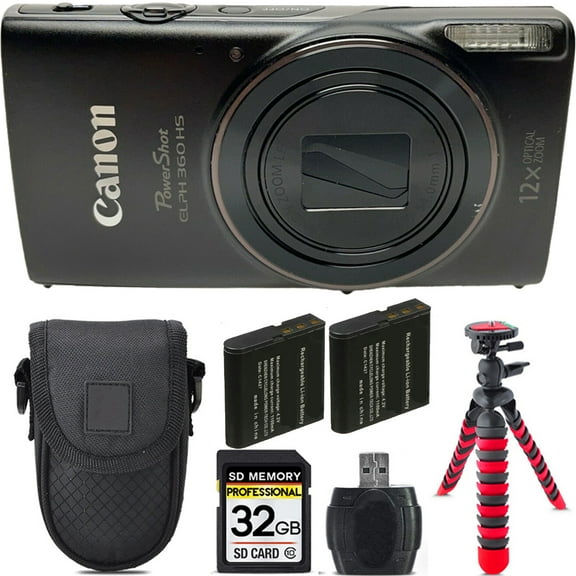 Canon PowerShot ELPH 360 Camera (Black)    Extra Battery  Tripod   Case -32GB Kit (International Version)