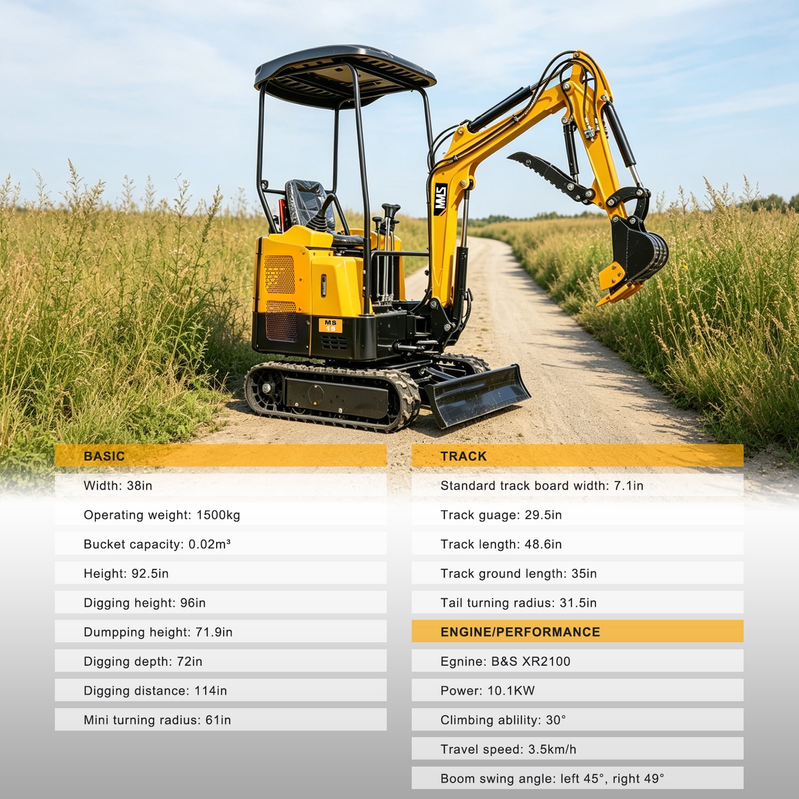 MMS 1.5 Ton Mini Excavator, Pilot Control, Swing Boom, B&S 13.5HP 420cc EPA GAS Engine Crawler Small Digger Machine MS15
