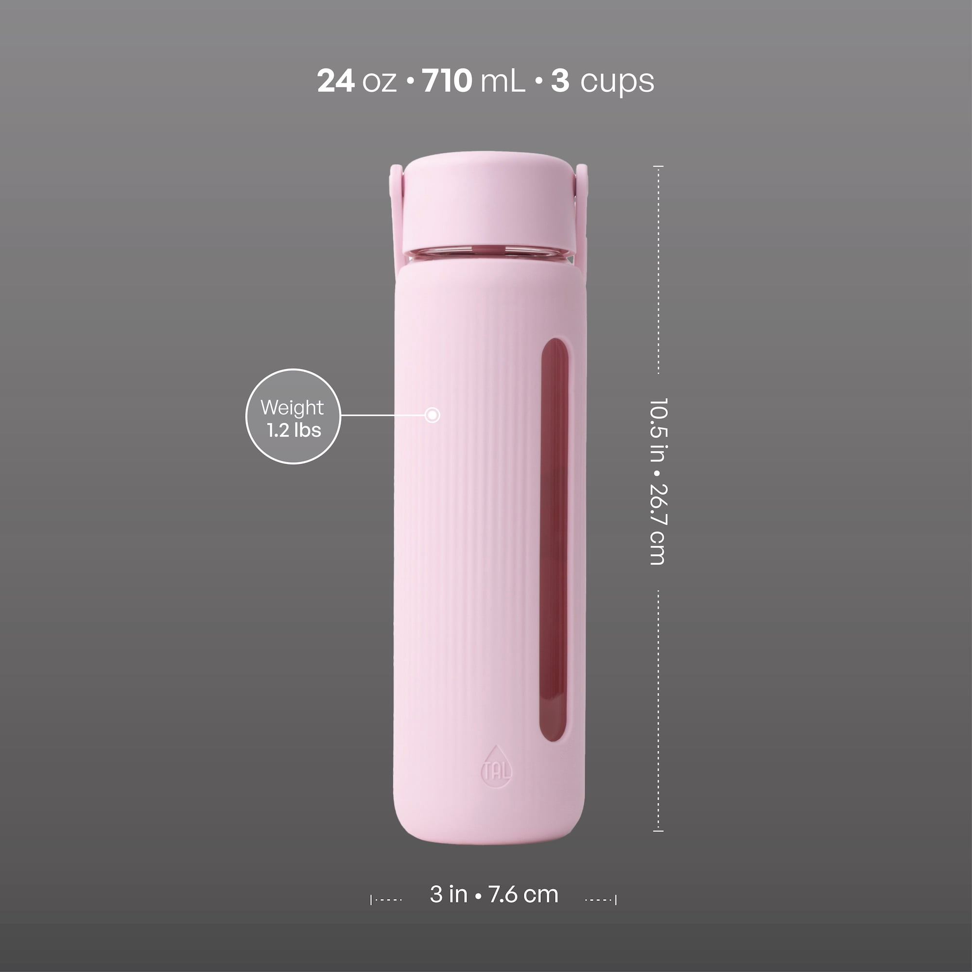 TAL 24oz Glass Willow Water Bottle with Flip-up Straw and Handle, Light Pink