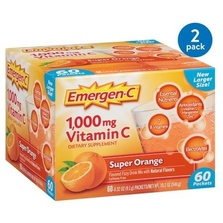(2 Pack) Emergen-C (60 Count Super Orange Flavor) Dietary Supplement Fizzy Drink Mix With 1000mg Vitamin C 0.32 Ounce Packets