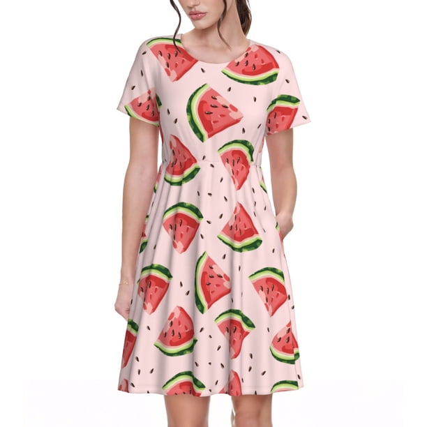 Easygdp Hand Drawn Watermelon para Vestido Transpirable de Mujer, Vestido Suelto de Manga Corta con Pliegues y Bolsillos para el Verano