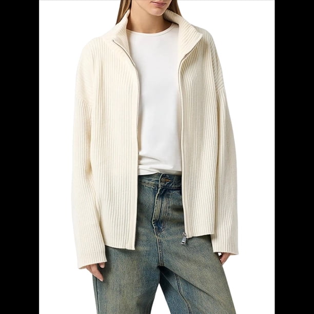 Chaqueta de Punto para Mujer, Estilo Clásico, Informal, con Cuello Alto, Cremallera y , de Color Liso. Talla Única