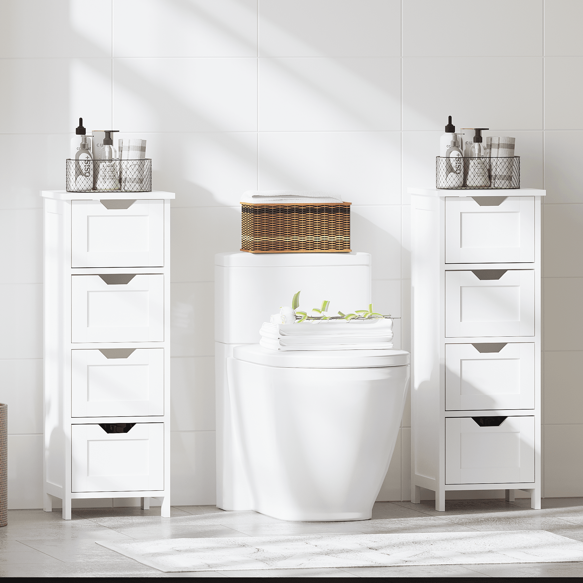 Bathroom Floor Cabinet with 4 Drawers, Freestanding Wooden Storage Organizer for Bathroom, Hallway or Living Room, Narrow White Side Cabinet with Space-Saving Vertical Design, White