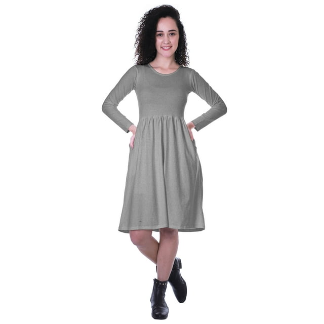 Moomaya Robe à Manches Longues pour Femmes, Taille Rassemblée, Coupe Décontractée, avec Poches