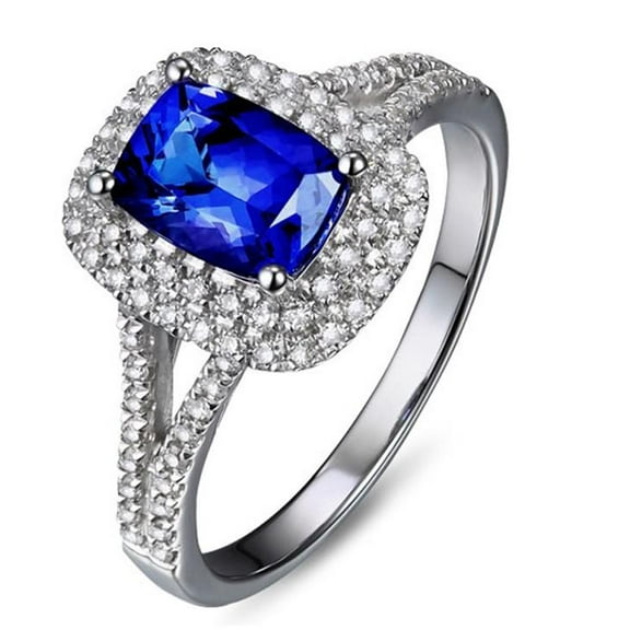 7x5mm Emerald Cut 2 Carat Blue Sapphire and Moissanite Diamond Halo Engagement Ring in 10k White Gold