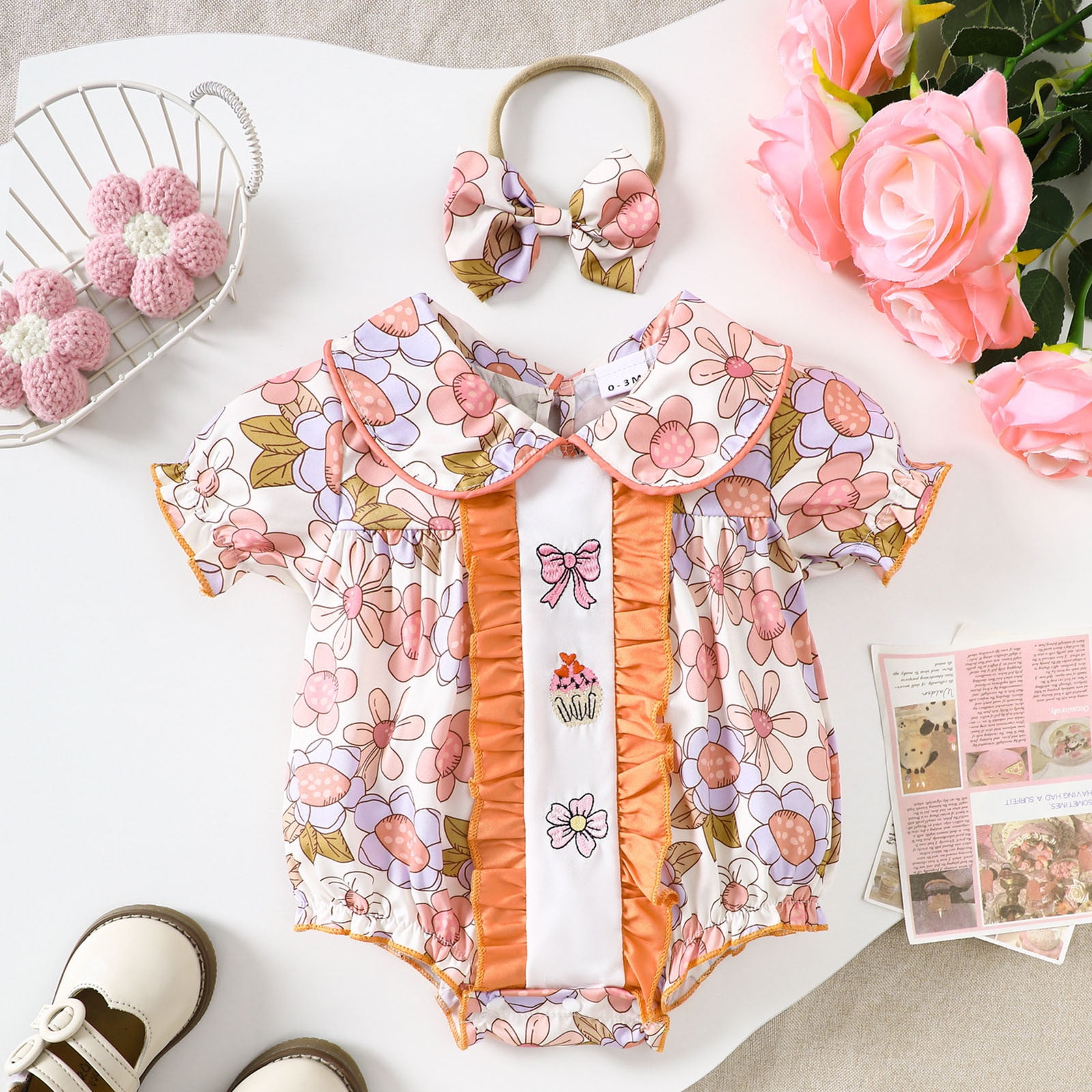 Baby Girl Bubble Romper Girls Short Sleeve Floral Prints Romper Ruffles Bodysuits Girls Summer Outfits Orange 0 Months-3 Months