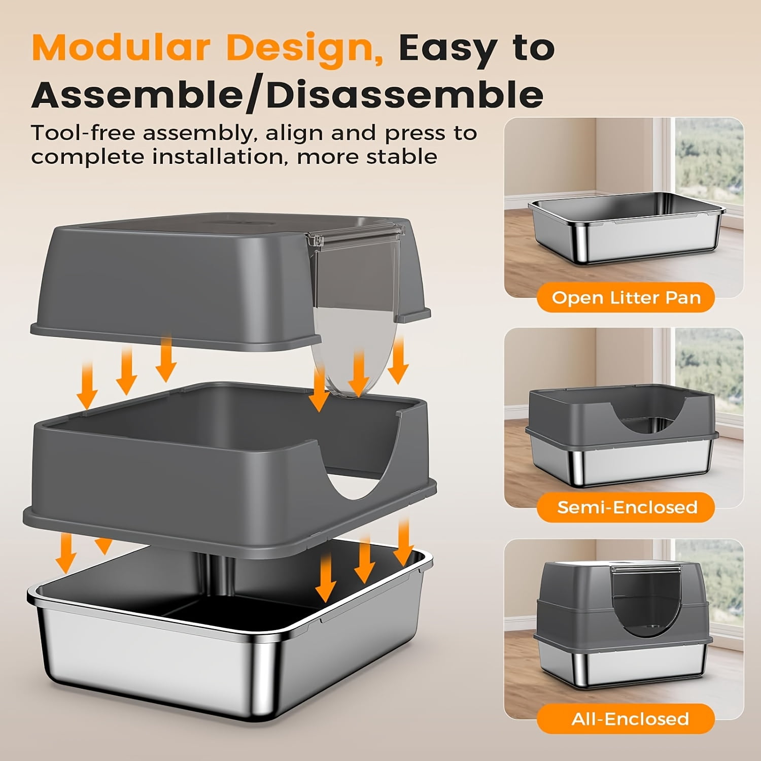 Stainless Steel Litter Box with Lid, Side Entry Large Enclosed Cat Litterbox for Kitty & Multi-Cat, Flip Cover Easy to Clean, High Sided Metal Cat Litter Pan with Scoop,Anti-Leakage, Non-Sticky