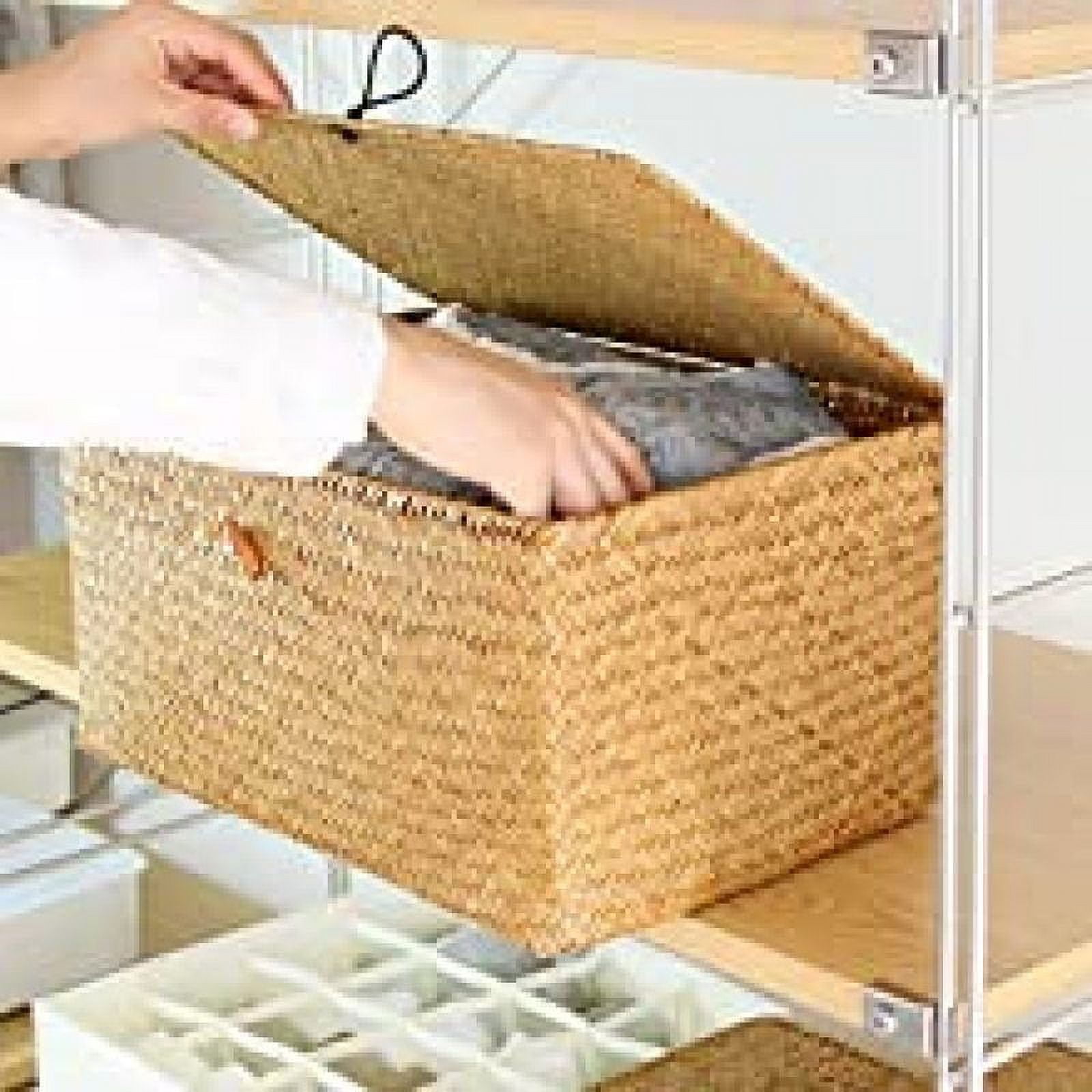 GAFRBALLV Handmade Wicker Storage Basket with Lid, Woven Rattan Seagrass Laundry Basket, Sturdy Metal Frame, Stylish Organizer for Toys, Pantry, Bathroom – 26x16x10cm