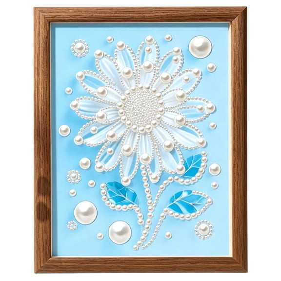 Pearl Diamond Painting Kit with Wooden Frame, 9" x 7" White Daisy Flower Special Shape Bead DIY Art Craft for Home Wall Décor
