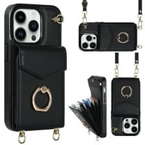 Wallet Case for iPhone 14 Pro Max, Luxury PU Leather Shoulder Strap Lanyard Crossbody Back Card Slot Bag Magnetic Cover with RFID Blocking Ring Holder Kickstand TPU Shockproof Case, Black