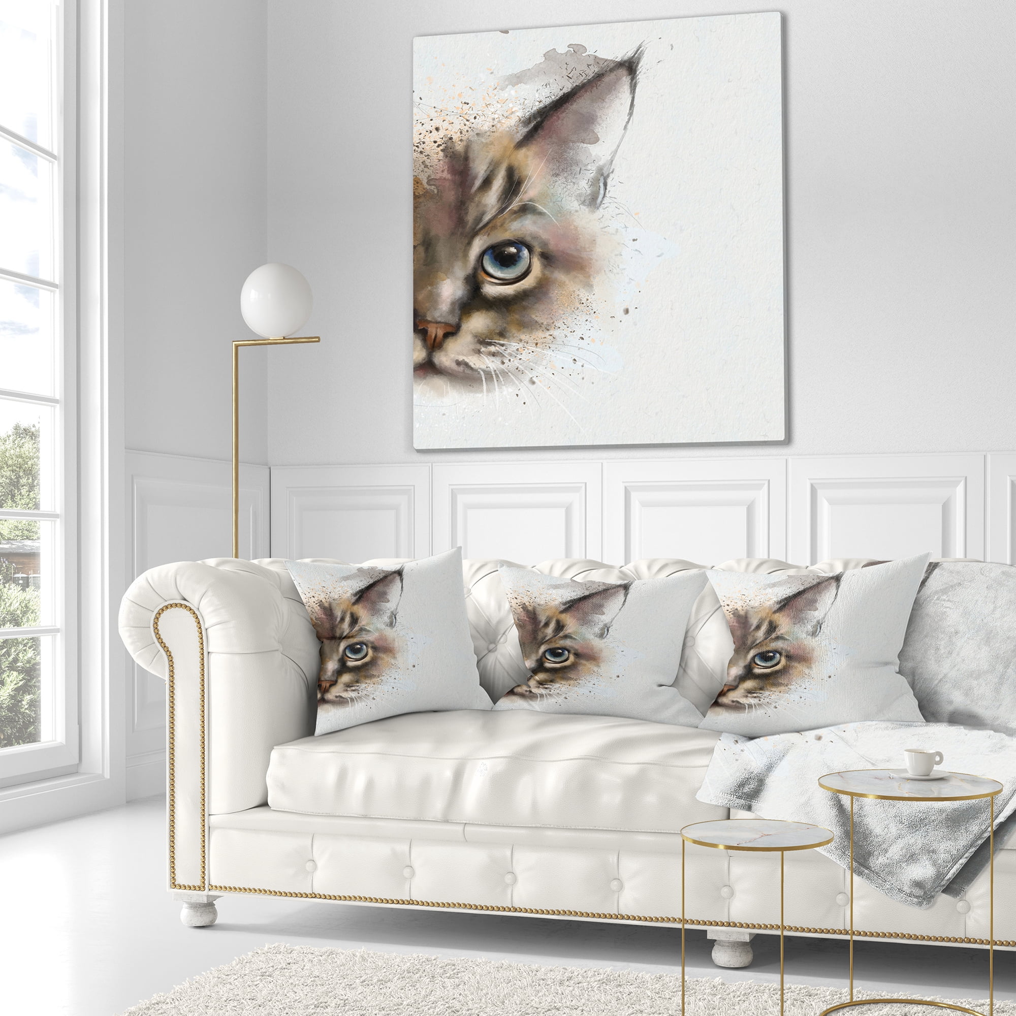 Designart Cat Half Face Watercolor - Animal Throw Pillow - 16x16