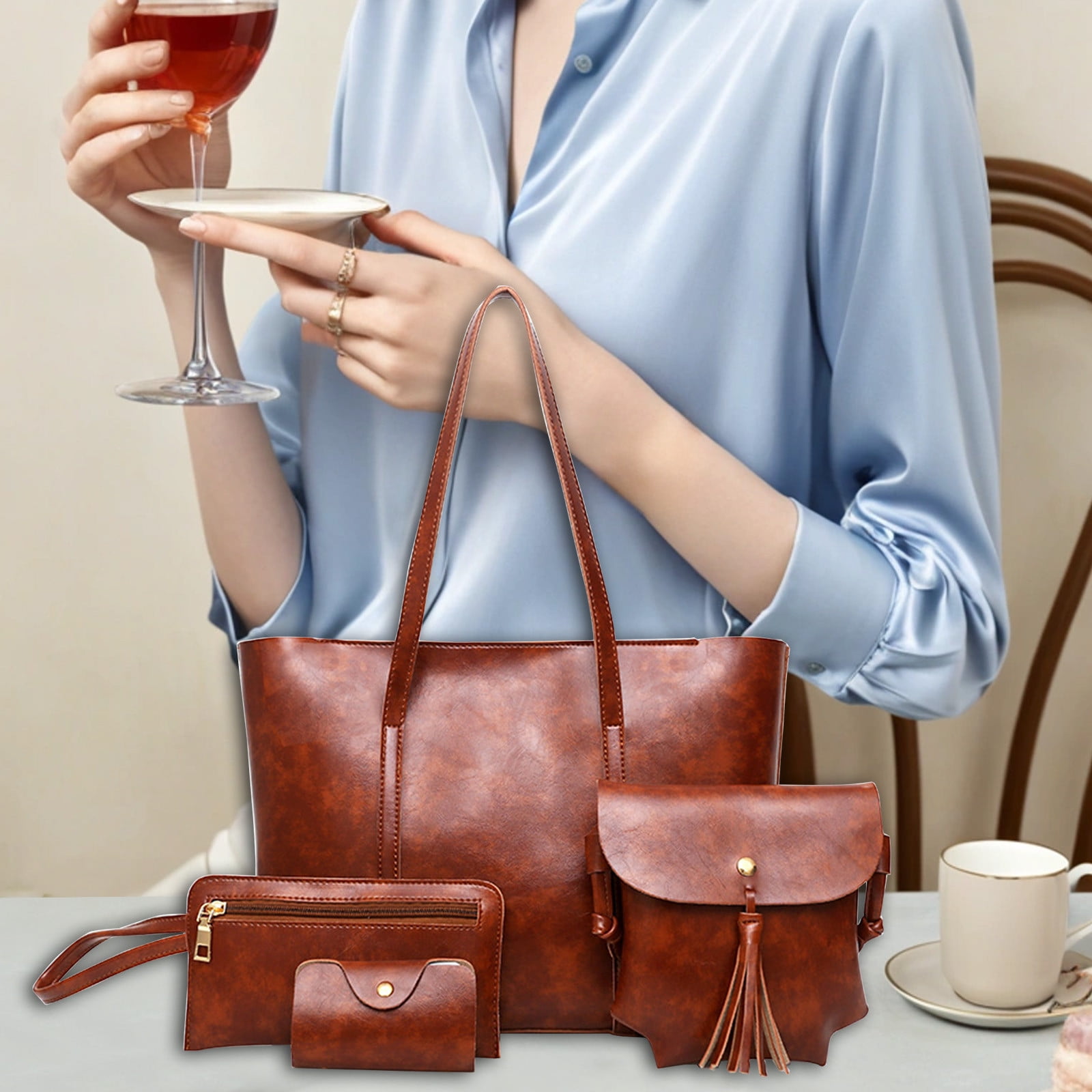 Clearance! Titcea Handbags for Women, Retro Leather Satchel, Tote Bag & Shoulder Bag & Purse & Card Bag Set 4pcs, Gifts for Mom/Her