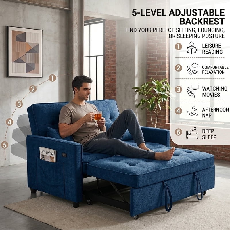 3-in-1 Convertible Sofa Bed with USB Charging Ports, Pull-Out Sleeper Sofa with Adjustable Backrest and Side Pocket, Compact Loveseat Couch for Living Room, Apartment, Dorm