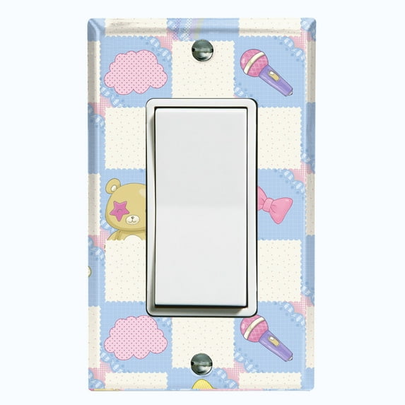 Metal Light Switch Wall Plate Outlet Cover (Blue White Toy Chest Crate Box Star Check Pattern - Single Rocker)