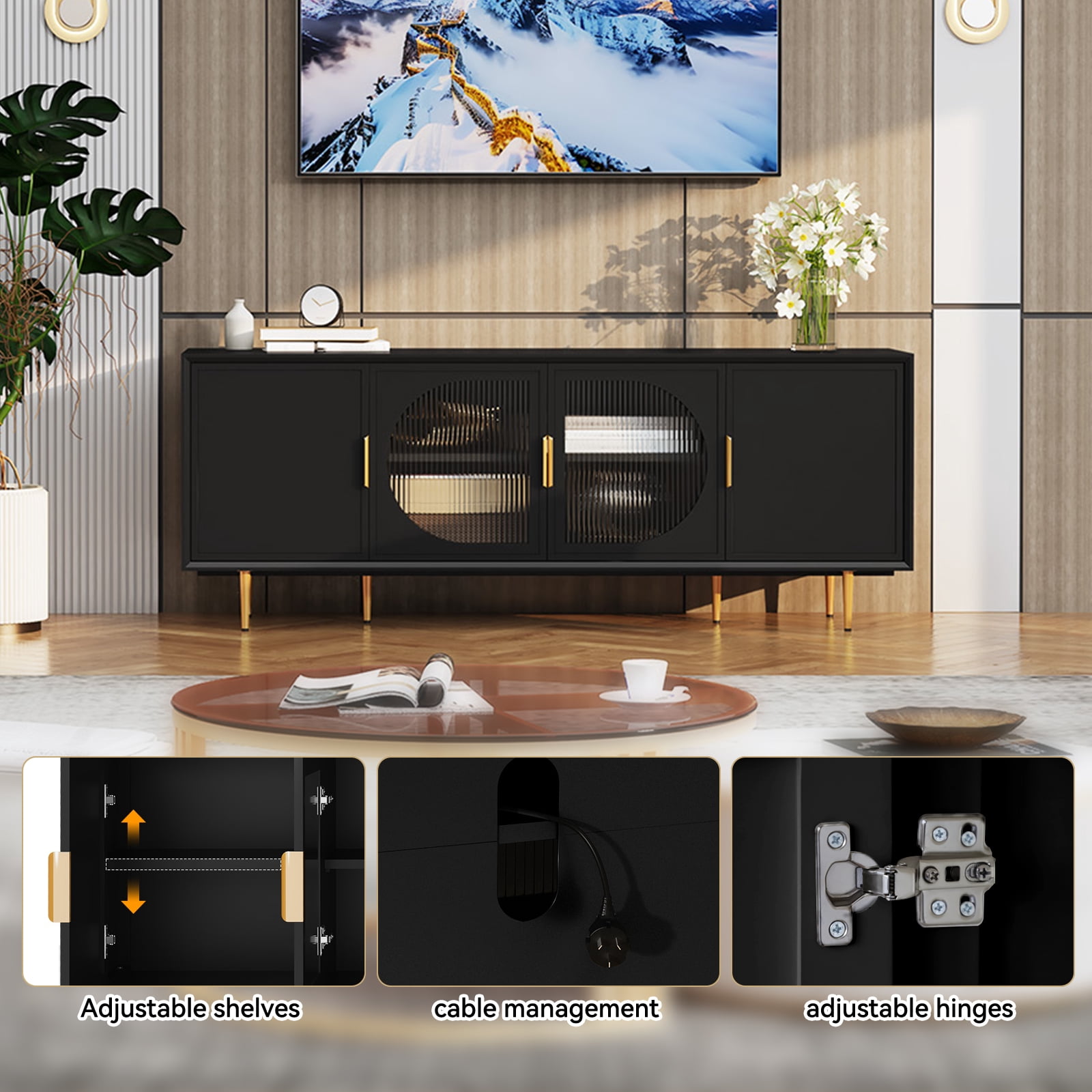 CBJCBJ 66" TV up to 75" Stand for Living Room, Entertainment Center with Glass Storage Cabinet,Black