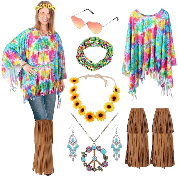7PCS Women Hippie Costume Accessories, 60s 70s Costume Outfit Kit, Including Hippie Tie Dye Poncho, Fringe Boot Covers, Peace Sign Necklace, Turquoise Earrings, Sunglasses, Flower Headband