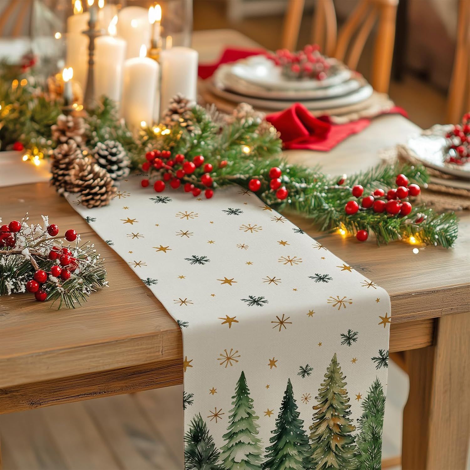 Christmas Table Runner 13x90 Inch, Xmas Trees Snowflakes Holiday Decorative Farmhouse Table Decoration for Kitchen Dinning, Indoor Outdoor Dinner Party Decor