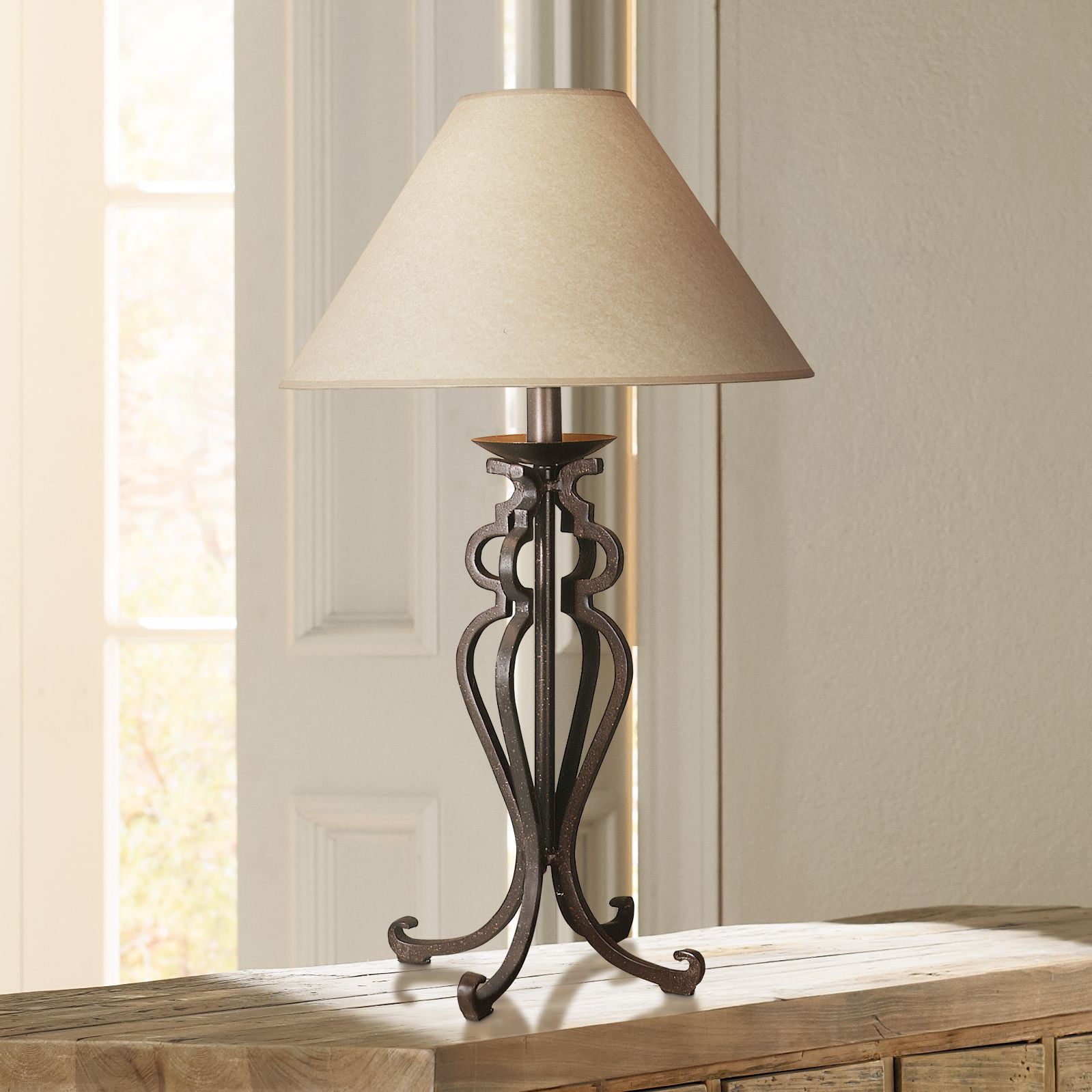 Franklin Iron Works Rustic Table Lamp Open Scroll Wrought Parchment Empire Shade For Living Room Family Bedroom Bedside