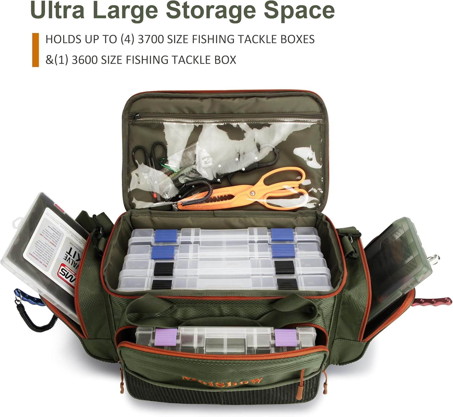 MoiShow Fishing Tackle Box Bag Large Storage for Saltwater Freshwater with Waterproof Bottom and Padded Strap
