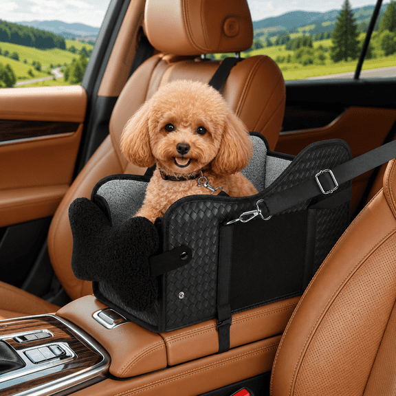 Center Console Dog Car Seat — Armrest Booster Travel Carrier for Small Dogs & Cats Under 12 lbs, 16.5" × 9.5" × 9", Black