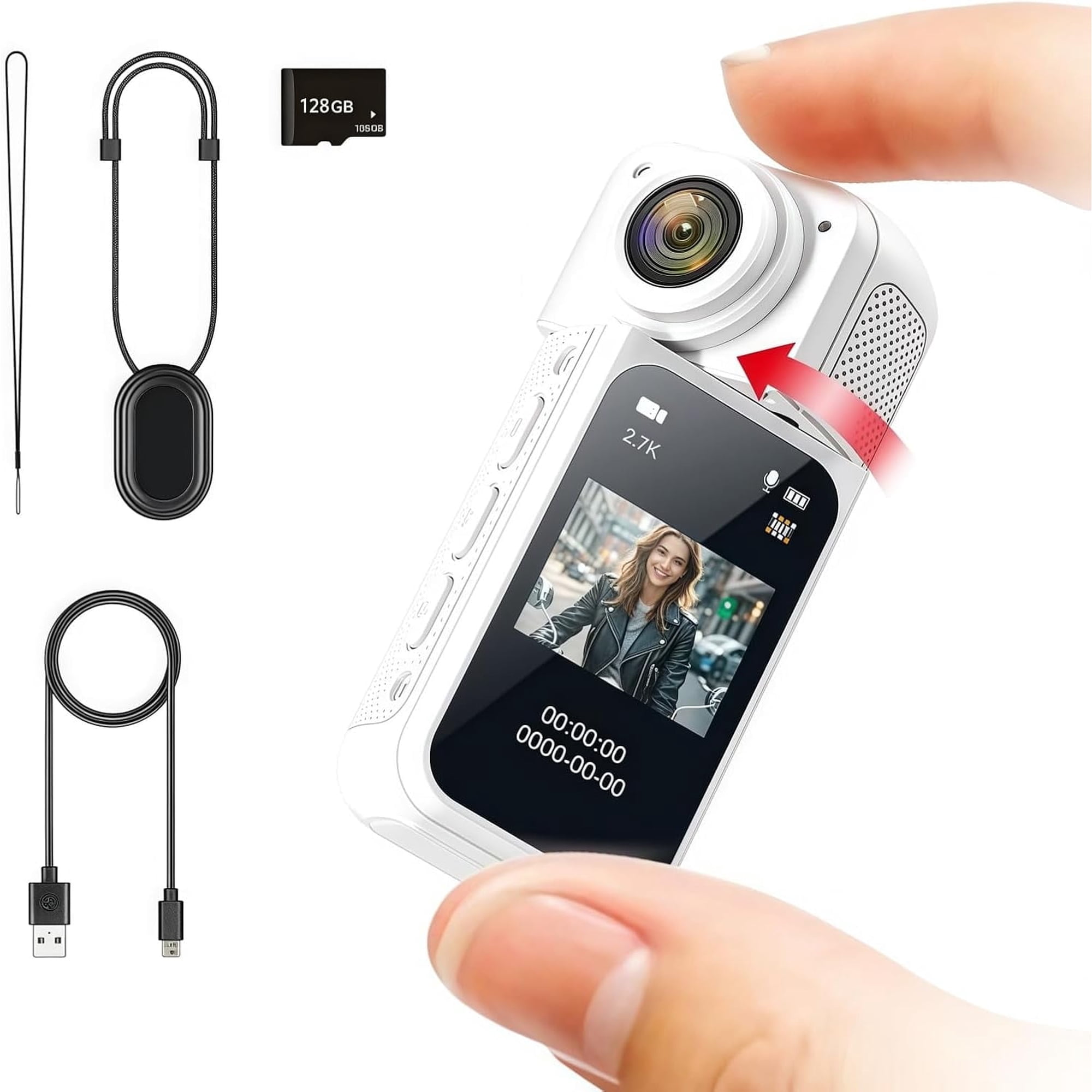 128GB FHD 2.7K Mini Rotate Body Camera, Wearable Action Body Cam, Thumb Size Hands Free Recording Body Worn Camera, Portable Camcorder Mount Anywhere for Work, Travel, Sport,Pet Walking (White)