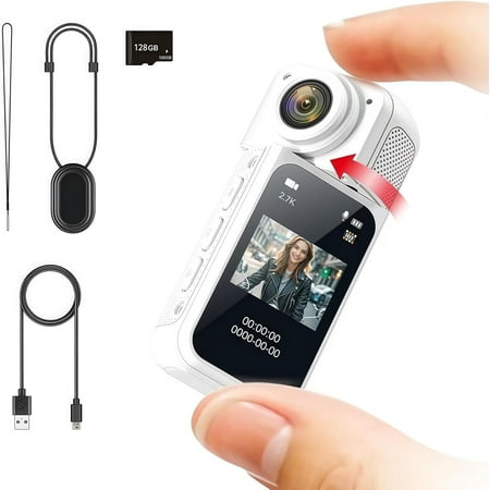 128GB FHD 2.7K Mini Rotate Body Camera Wearable Action Body Cam Thumb Size Hands Free Recording Body Worn Camera Portable Camcorder Mount Anywhere for Work Travel Sport Pet Walking (White)