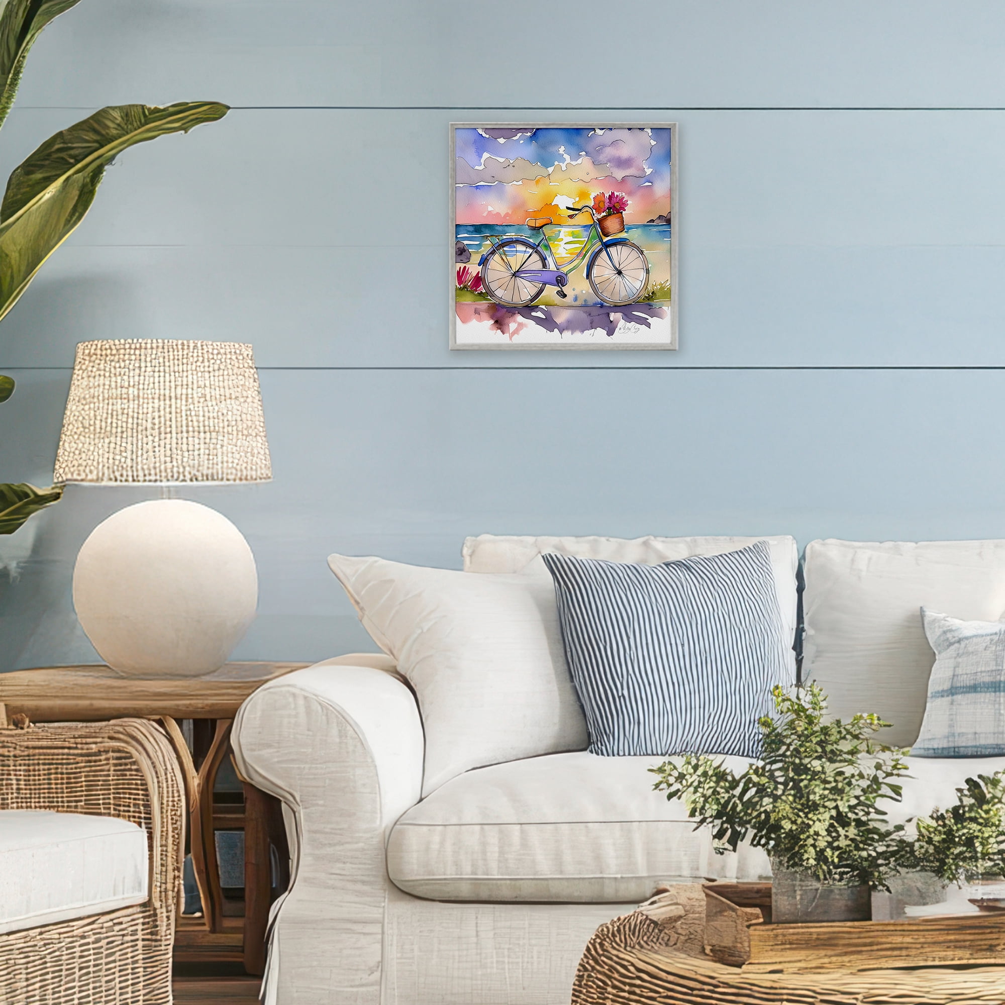 Stupell Industries Bicycle By The Seaside Gray Framed Giclee Art, design by Shelly Craig