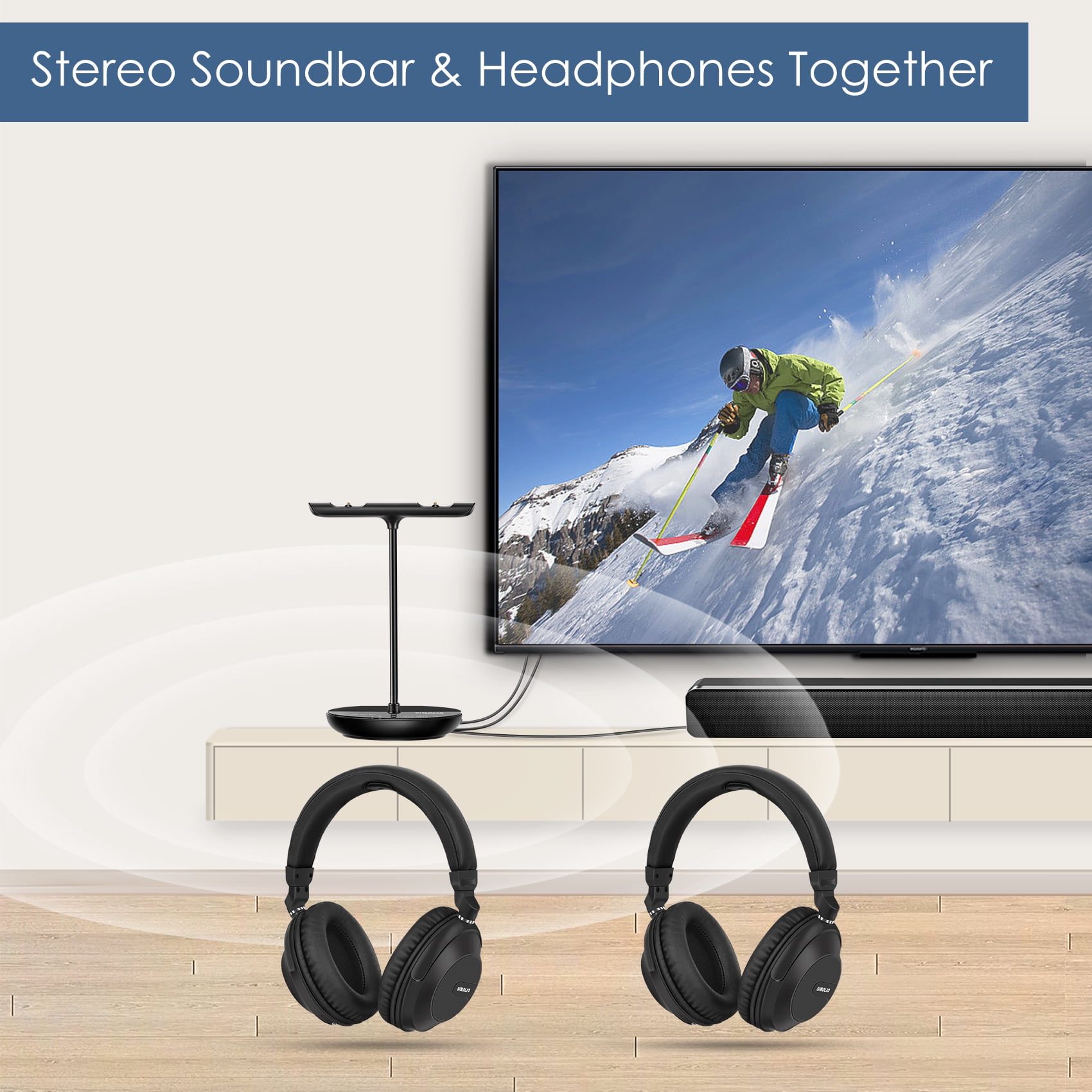Simolio Dual Wireless Headphones for TV, 100ft Working Range, No Pairing, No Audio Delay, for Seniors, SM-737D2 (New)