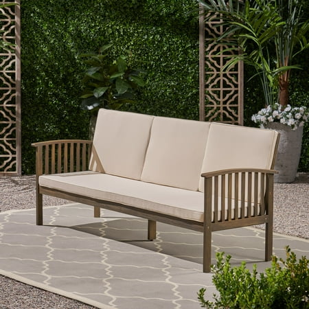 Breenda Outdoor Acacia Wood Sofa With Cushions Gray And Cream