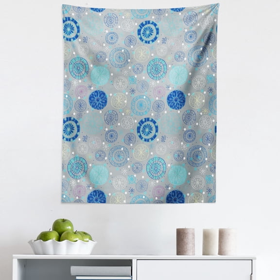 Cartoon Tapestry, Abstract Snowflakes Pastel Background Winter Celebration Theme Christmas, Fabric Wall Hanging Decor for Bedroom Living Room Dorm, 5 Sizes, Beige Aqua Blue, by Ambesonne