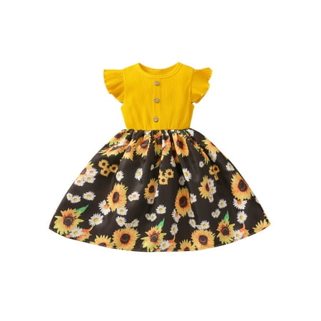 

Ruewey Girl’s Sunflower Printing Stitching Ruffles Fly Sleeve A-line Dress