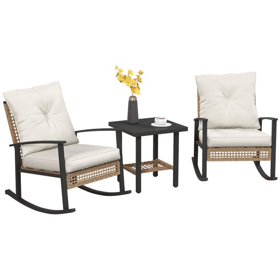 Beyamis 3-Piece Bistro Set, Patio Wicker Furniture Set (PE Rattan) with Plush Button Tufted Cushions, Sturdy Rattan Rocking Chairs Glass Coffee Table, White