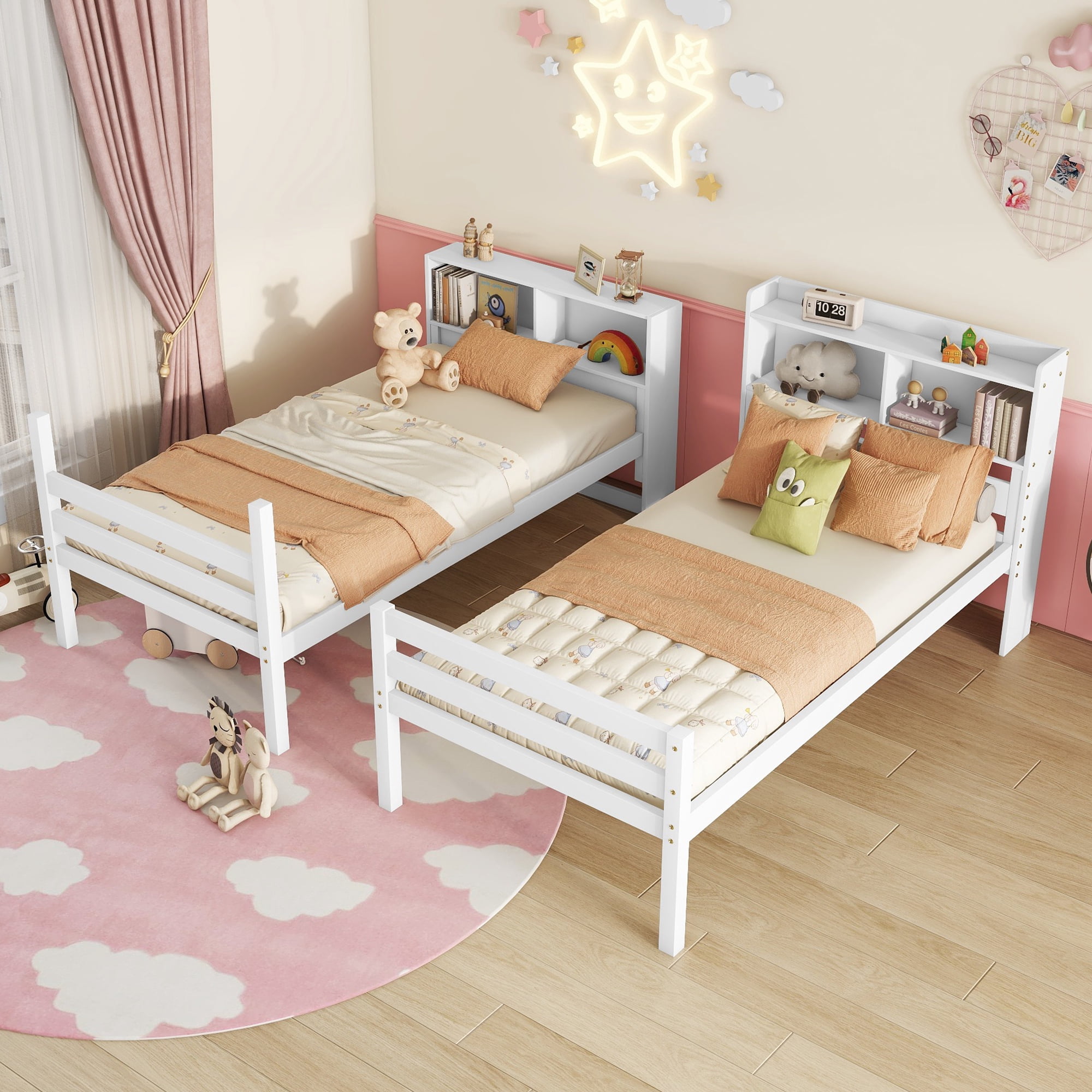 Leumius Twin Over Twin Bunk Bed with Shelves , Rubber Wood Bed with Shelves Headboard, Safety Guardrails and Ladder, Convertible to 2 Beds for Boys Girls White