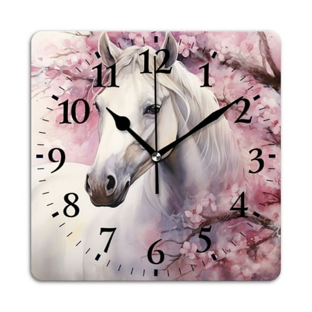 Square Wall Clock,Watercolor Painting Of Beautiful White Horse Under Cherry Blossom Tree,Silent Non-Ticking Wall Clock Decor for Home Office Kitchen Living Room Bedroom(10inch)