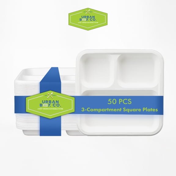 Urban Box Co 3-Compartment Square Meal Trays, Heavy-Duty & Unique Design Plates, 100% Compostable, 50 Pack