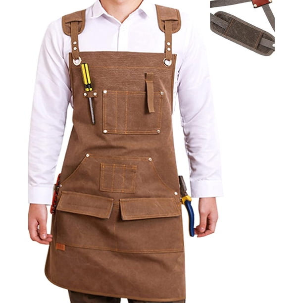 Delantales de carpintería para hombres, delantales de trabajo de lona encerada con 9 bolsillos, correas cruzadas en la espalda XXXL