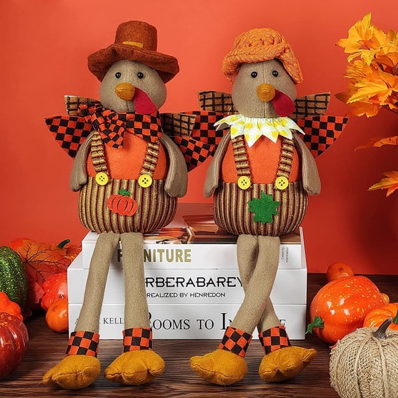 Bibana 16.5" 2 Pcs Stuffed Turkey Couple Doll, Thanksgiving Tabletop Decor (Brown)
