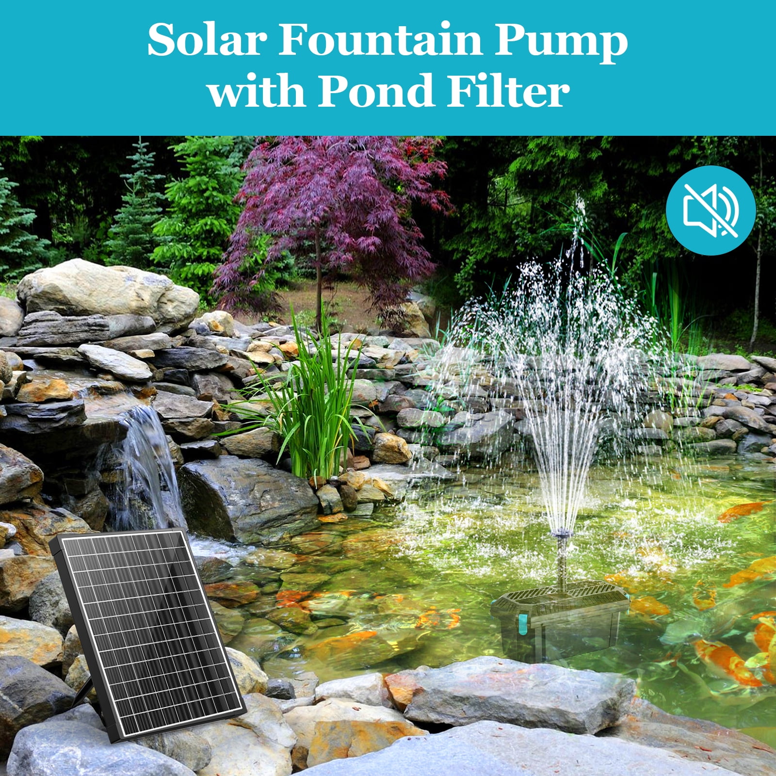 POPOSOAP 25W Solar Water Pump and Pond Filter System, Solar Powered Fountain Pump with Filter Box, 160GPH, for Outdoor Fish Ponds, Waterfalls and Gardens