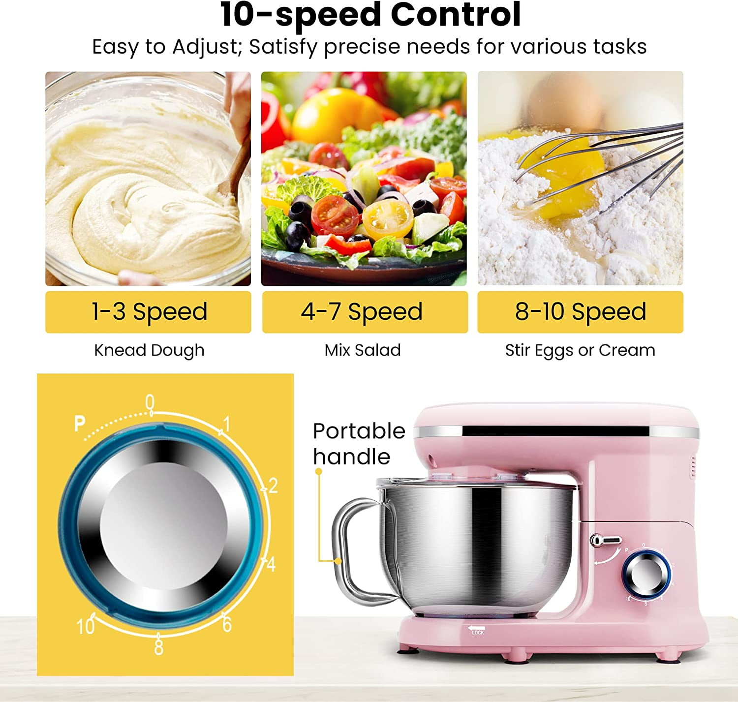 SPECSTAR Stand Mixer, 660W 10 Speed 6 Quart Tilt-Head Kitchen Electric Food Mixer with Beater, Dough Hook, Wire Whip and Egg Separator, Pink