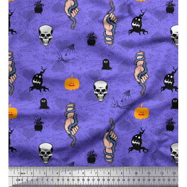 Soimoi Purple polyester Crepe Fabric Hand,Snake & Skull Halloween Print Sewing Fabric Yard 52 Inch Wide