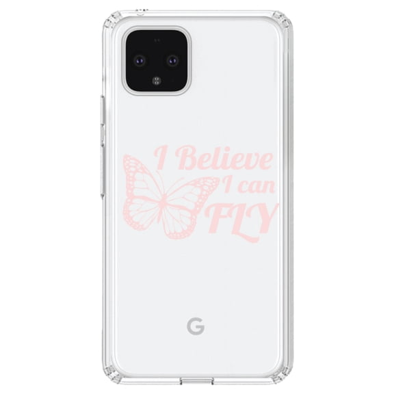 DistinctInk Clear Shockproof Hybrid Case for Google Pixel 4 XL (6.3" Screen) - TPU Bumper Acrylic Back Tempered Glass Screen Protector - Butterfly - I Believe I Can Fly