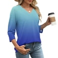 thumbnail image 3 of Fesfesfes Women's Modern Tops Three-Quarters Sleeve V-Neck Comfortable T-Shirt Elegant Flattering Comfy Contrast Color Summer Blouse(Black,L), 3 of 6