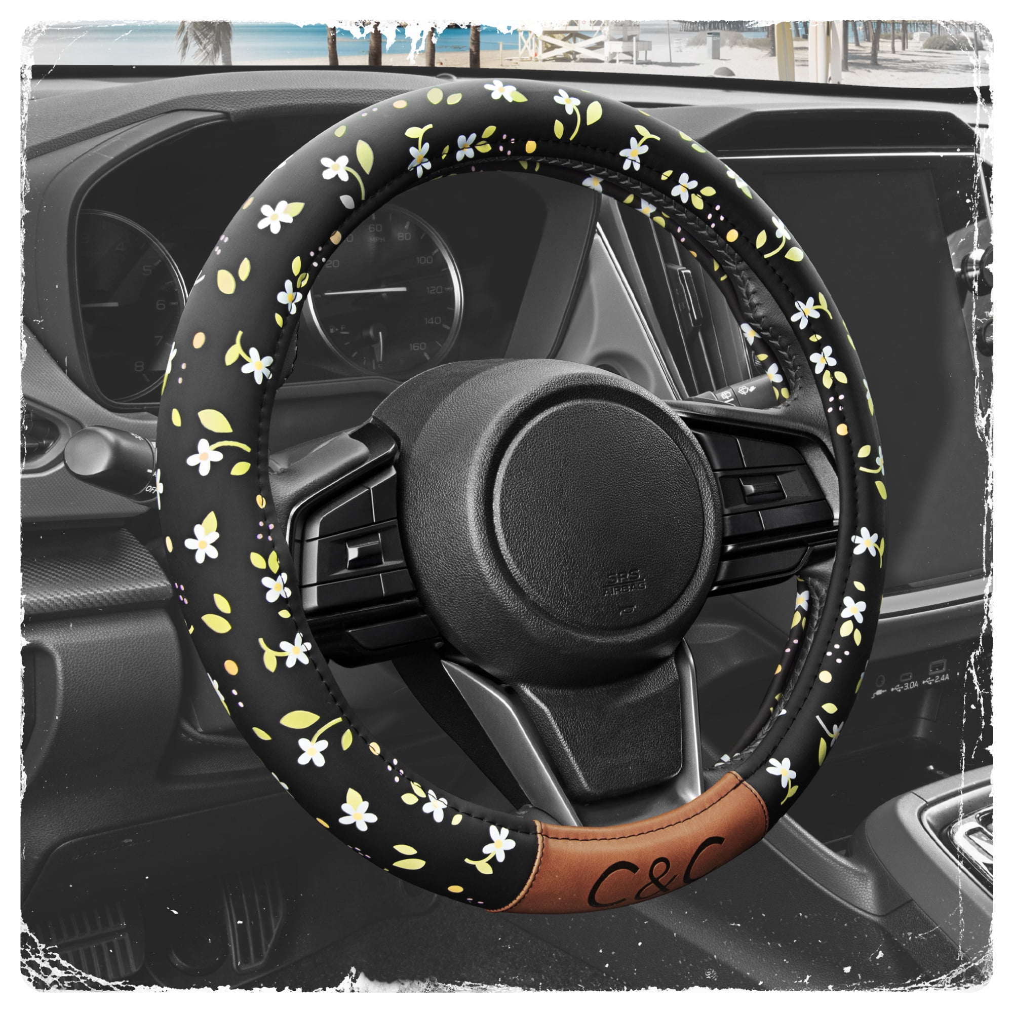 C&C California Car Steering Wheel Cover Beige Diamond Quilt, Non Slip Leather Steering Wheel Cover for Women Men, Soft Easy Installation Universal Fit (Fits 14.5"-15.5" Inches)