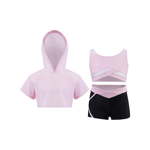 renvena Kids Girls Athletic Yoga Training Vest Top Short Sleeves Cropped Hooded with Shorts Gym Sports Set A Pink 8