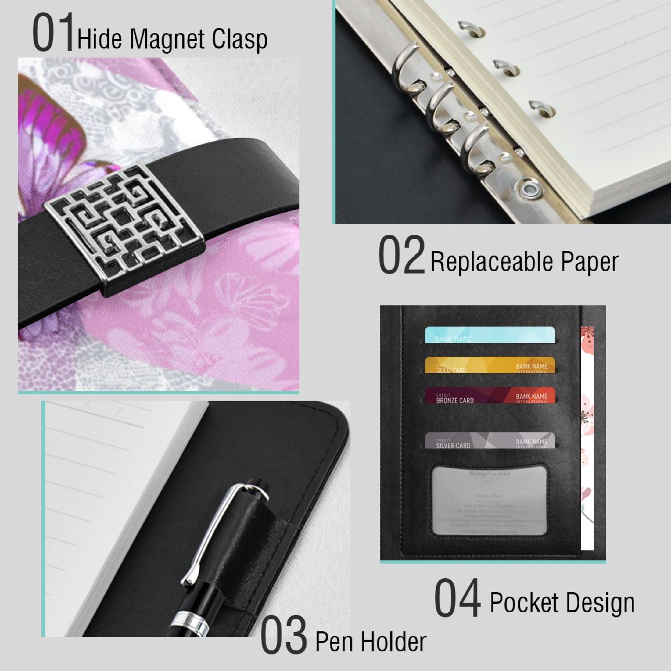 Leather Planner Leather Notebook Notebook Journal Binder Design Pen Pocket Design Convenient for Storage Pink Purple Butterflies
