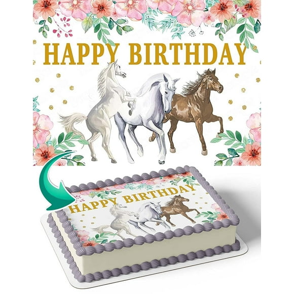 Horses Flowers Girls HB Edible Cake Image Topper Birthday Cake Banner 1/4 Sheet
